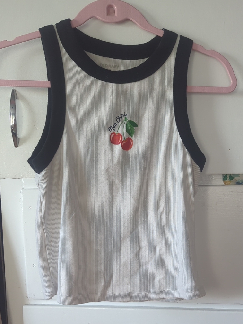 Old Navy White Ribbed Tank with Black Trim and Cherry Patch